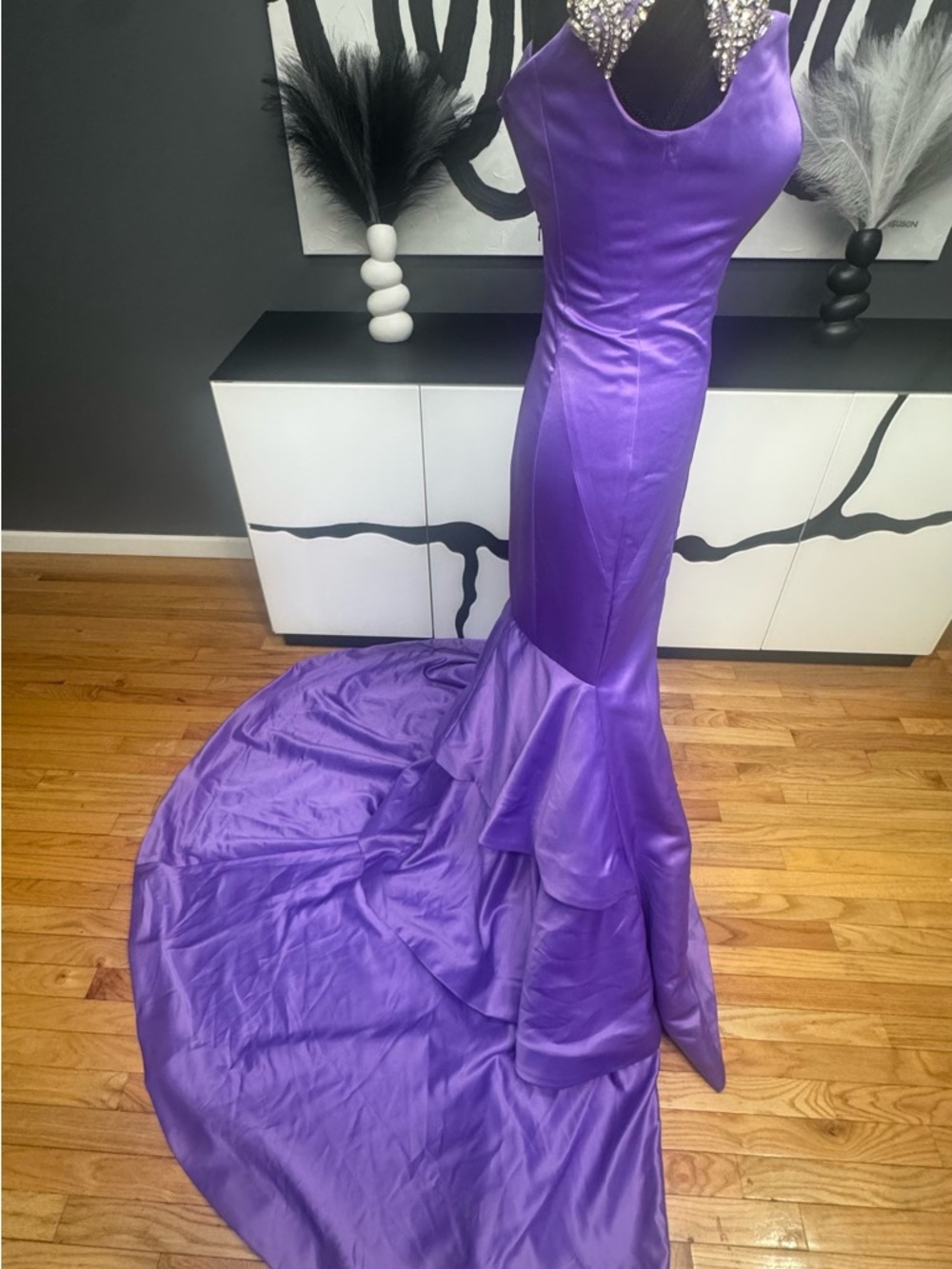 Rachel Allan Purple Satin Mermaid Gown Size 2 Pearl Strap Train Prom Dress - Picture 6 of 9